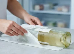 Raffreddare le bibite con la carta assorbente nel freezer Persona che avvolge una bottiglia di vino in un foglio di carta assorbente umida prima di metterla nel freezer