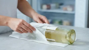 Persona che avvolge una bottiglia di vino in un foglio di carta assorbente umida prima di metterla nel freezer