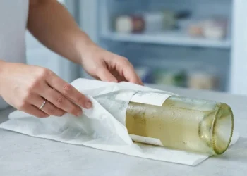 Persona che avvolge una bottiglia di vino in un foglio di carta assorbente umida prima di metterla nel freezer