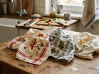 Canovacci e strofinacci da cucina macchiati di salsa e unto appoggiati su un tavolo in legno