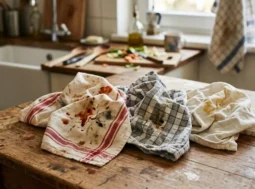 Canovacci e strofinacci da cucina macchiati di salsa e unto appoggiati su un tavolo in legno