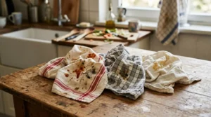 Canovacci e strofinacci da cucina macchiati di salsa e unto appoggiati su un tavolo in legno
