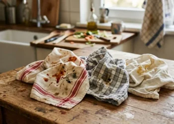 Canovacci e strofinacci da cucina macchiati di salsa e unto appoggiati su un tavolo in legno