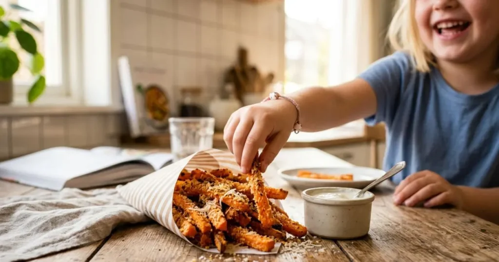 Bastoncini di carote al forno croccanti con panatura in un cono di carta, un bambino felice ne prende una per intingerla nella salsa yogurt.