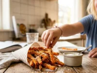 Bastoncini di carote al forno croccanti con panatura in un cono di carta, un bambino felice ne prende una per intingerla nella salsa yogurt.