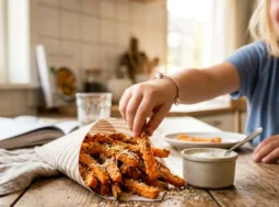 Ricetta carote al forno per bambini Bastoncini di carote al forno croccanti con panatura in un cono di carta, un bambino felice ne prende una per intingerla nella salsa yogurt.