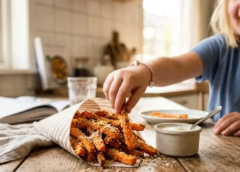 Bastoncini di carote al forno croccanti con panatura in un cono di carta, un bambino felice ne prende una per intingerla nella salsa yogurt.