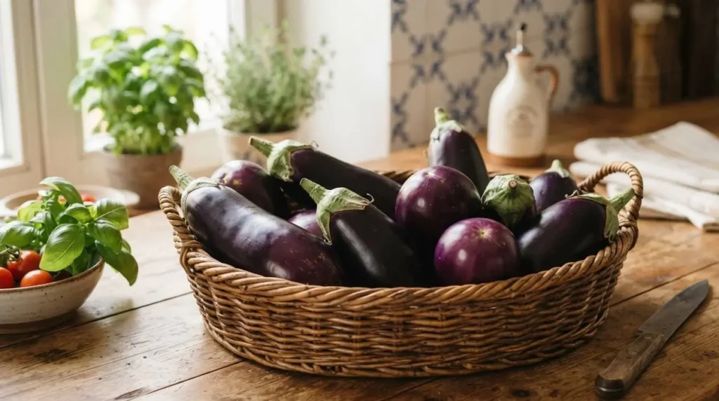 Melanzane fresche di stagione in una cesta sul tavolo della cucina Cesta in vimini colma di melanzane fresche viola e tonde su un tavolo di legno in cucina