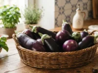 Cesta in vimini colma di melanzane fresche viola e tonde su un tavolo di legno in cucina