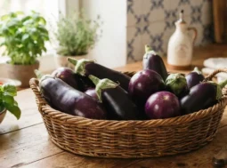 Cesta in vimini colma di melanzane fresche viola e tonde su un tavolo di legno in cucina