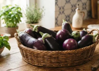 Melanzane fresche di stagione in una cesta sul tavolo della cucina Cesta in vimini colma di melanzane fresche viola e tonde su un tavolo di legno in cucina