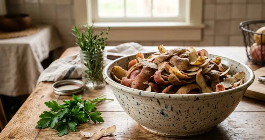 Bucce di patate pronte per ricette zero waste Insalatiera rustica piena di bucce di patate fresche su un tavolo di legno in cucina, pronte per essere trasformate in chips croccanti.