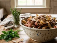 Insalatiera rustica piena di bucce di patate fresche su un tavolo di legno in cucina, pronte per essere trasformate in chips croccanti.