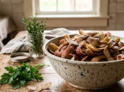 Insalatiera rustica piena di bucce di patate fresche su un tavolo di legno in cucina, pronte per essere trasformate in chips croccanti.