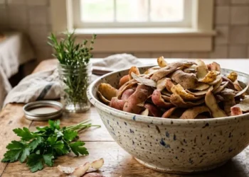 Insalatiera rustica piena di bucce di patate fresche su un tavolo di legno in cucina, pronte per essere trasformate in chips croccanti.