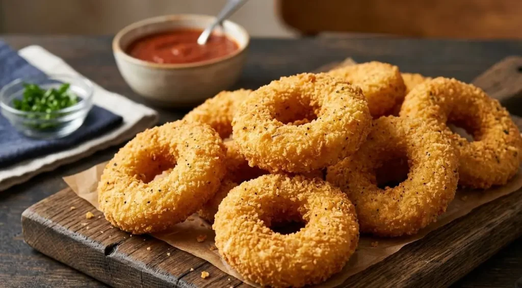 Un vassoio di legno con ciambelle di pollo (chicken donuts) fritte e dorate, servite con salsa barbecue sullo sfondo.