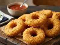 Un vassoio di legno con ciambelle di pollo (chicken donuts) fritte e dorate, servite con salsa barbecue sullo sfondo.