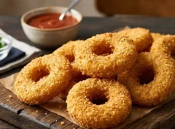Ciambelle di pollo fritte croccanti Un vassoio di legno con ciambelle di pollo (chicken donuts) fritte e dorate, servite con salsa barbecue sullo sfondo.