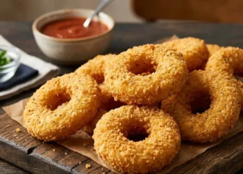 Ciambelle di pollo fritte croccanti Un vassoio di legno con ciambelle di pollo (chicken donuts) fritte e dorate, servite con salsa barbecue sullo sfondo.
