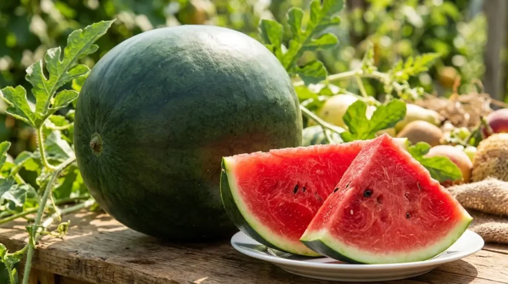 Come scegliere un'anguria dolce Un'anguria intera e due fette di cocomero rosso e maturo su un tavolo di legno all'aperto.