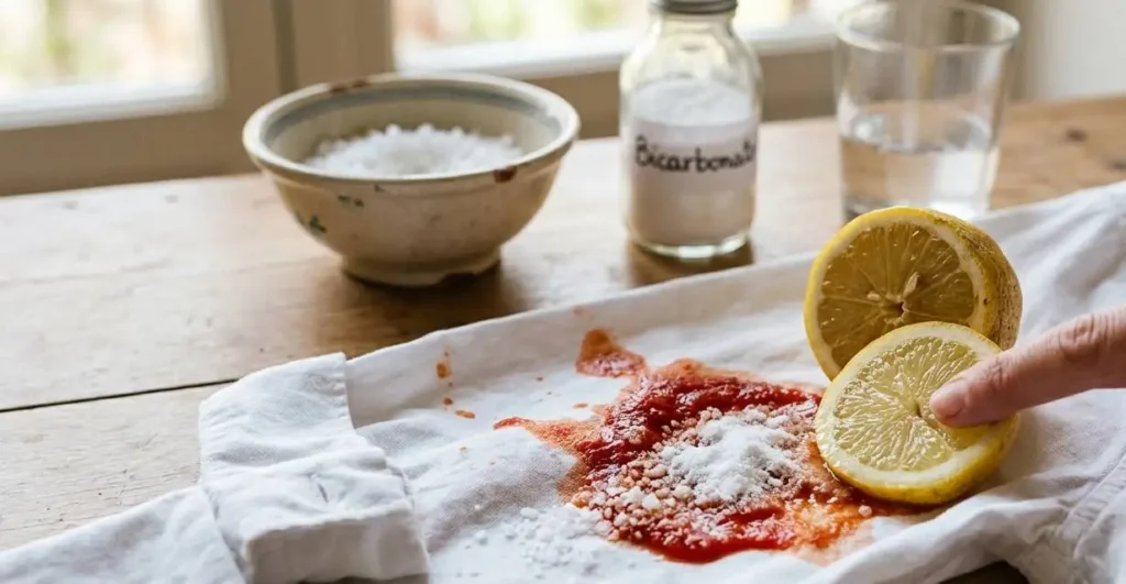 Rimedi naturali della nonna per togliere una macchia di pomodoro da una camicia bianca con bicarbonato e limone.