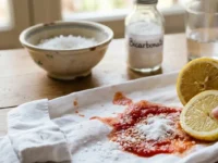 Rimedi naturali della nonna per togliere una macchia di pomodoro da una camicia bianca con bicarbonato e limone.