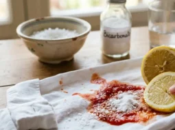 Rimedi naturali della nonna per togliere una macchia di pomodoro da una camicia bianca con bicarbonato e limone.