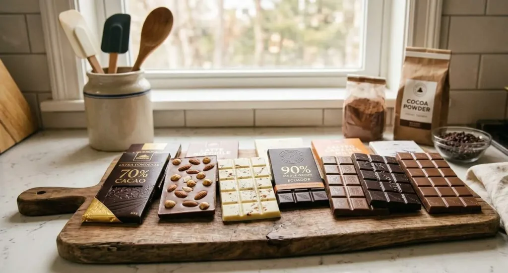 Varietà di tavolette di cioccolato fondente, al latte e bianco disposte su un tagliere di legno in cucina per la conservazione