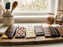 Come conservare il cioccolato in estate Varietà di tavolette di cioccolato fondente, al latte e bianco disposte su un tagliere di legno in cucina per la conservazione