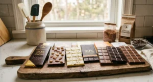 Come conservare il cioccolato in estate Varietà di tavolette di cioccolato fondente, al latte e bianco disposte su un tagliere di legno in cucina per la conservazione