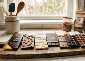 Come conservare il cioccolato in estate Varietà di tavolette di cioccolato fondente, al latte e bianco disposte su un tagliere di legno in cucina per la conservazione