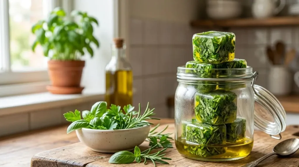 Cubetti di olio extravergine d'oliva con erbe aromatiche fresche tritate all'interno di un barattolo di vetro su un tagliere.