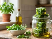 Cubetti di olio extravergine d'oliva con erbe aromatiche fresche tritate all'interno di un barattolo di vetro su un tagliere.