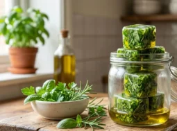 Cubetti di olio extravergine d'oliva con erbe aromatiche fresche tritate all'interno di un barattolo di vetro su un tagliere.