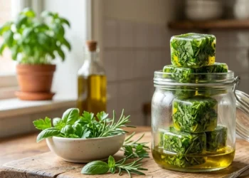 Cubetti di olio extravergine d'oliva con erbe aromatiche fresche tritate all'interno di un barattolo di vetro su un tagliere.
