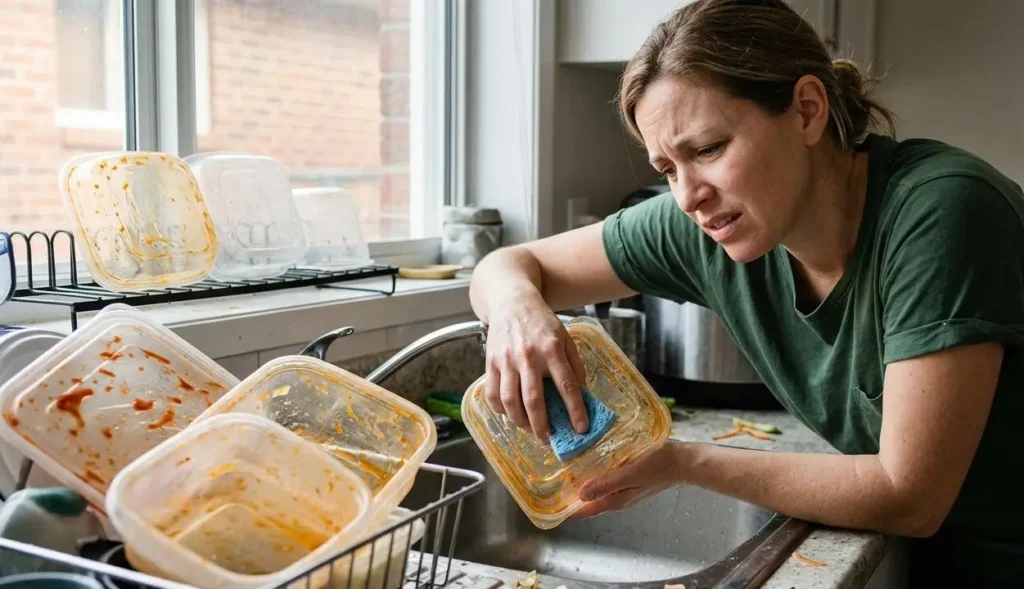 Una donna scoraggiata in cucina mentre cerca di pulire e sgrassare con una spugna dei contenitori in plastica per alimenti visibilmente unti e macchiati di sugo di pomodoro.