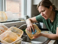 Una donna scoraggiata in cucina mentre cerca di pulire e sgrassare con una spugna dei contenitori in plastica per alimenti visibilmente unti e macchiati di sugo di pomodoro.