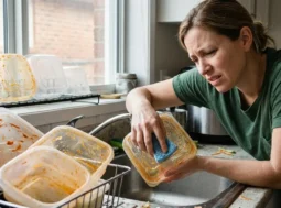 Contenitori di plastica sporchi e unti di sugo Una donna scoraggiata in cucina mentre cerca di pulire e sgrassare con una spugna dei contenitori in plastica per alimenti visibilmente unti e macchiati di sugo di pomodoro.