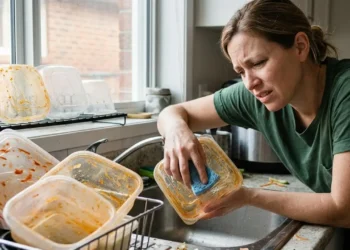 Contenitori di plastica sporchi e unti di sugo Una donna scoraggiata in cucina mentre cerca di pulire e sgrassare con una spugna dei contenitori in plastica per alimenti visibilmente unti e macchiati di sugo di pomodoro.