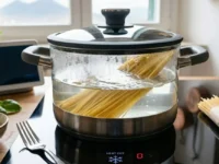 Spaghetti in una pentola con acqua calda su un piano a induzione moderno con scritta Passive Mode Active e fuoco spento.