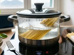 Spaghetti in una pentola con acqua calda su un piano a induzione moderno con scritta Passive Mode Active e fuoco spento.