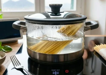 Spaghetti in una pentola con acqua calda su un piano a induzione moderno con scritta Passive Mode Active e fuoco spento.