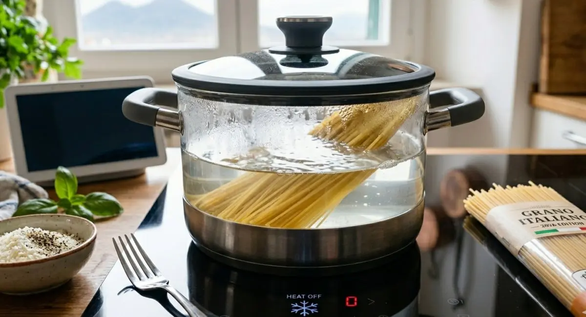 Spaghetti in una pentola con acqua calda su un piano a induzione moderno con scritta Passive Mode Active e fuoco spento.