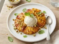 Fette di ananas caramellate in padella servite con gelato alla vaniglia e granella di pistacchi