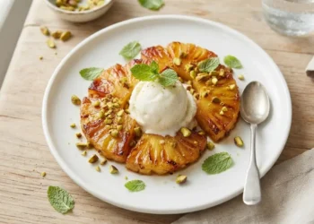 Dessert veloce con ananas caramellato Fette di ananas caramellate in padella servite con gelato alla vaniglia e granella di pistacchi