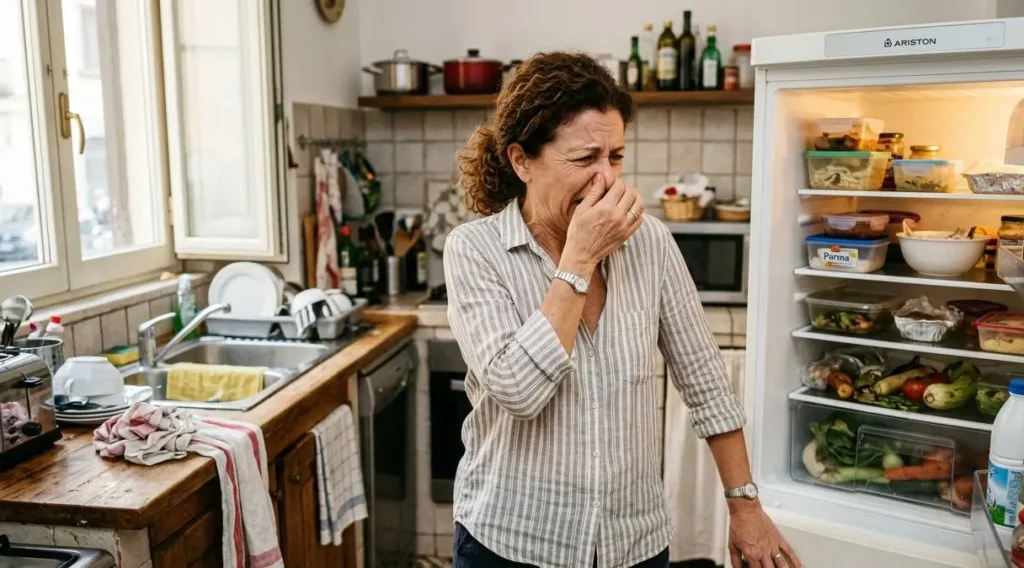 Donna in cucina con espressione disgustata mentre apre il frigorifero, suggerendo la presenza di cattivo odore proveniente dal cibo.