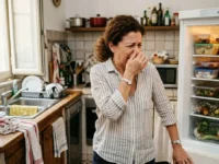 Donna in cucina con espressione disgustata mentre apre il frigorifero, suggerendo la presenza di cattivo odore proveniente dal cibo.