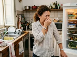Donna in cucina con espressione disgustata mentre apre il frigorifero, suggerendo la presenza di cattivo odore proveniente dal cibo.