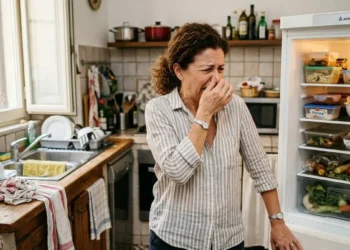 Donna infastidita da cattivo odore aprendo il frigorifero in cucina Donna in cucina con espressione disgustata mentre apre il frigorifero, suggerendo la presenza di cattivo odore proveniente dal cibo.