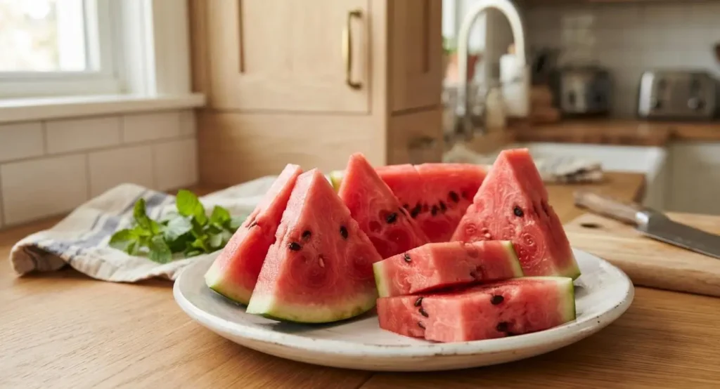 Fette di anguria fresca pronte da gustare in cucina Piatto di ceramica bianca con fette triangolari e cubetti di anguria fresca disposti su un tavolo di legno in cucina.